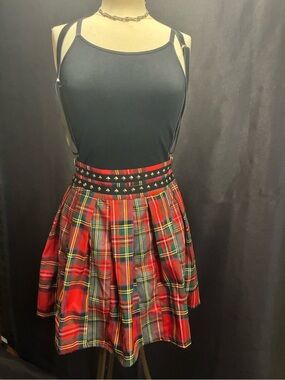 Jawbreaker Red Tartan Pleated Skater Skirt with Studded Waistband
